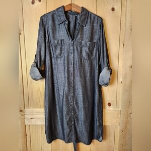 Soft Surroundings Tencel Collar Button-Up Tie Waist Tab Roll Sleeve Shirt Dress